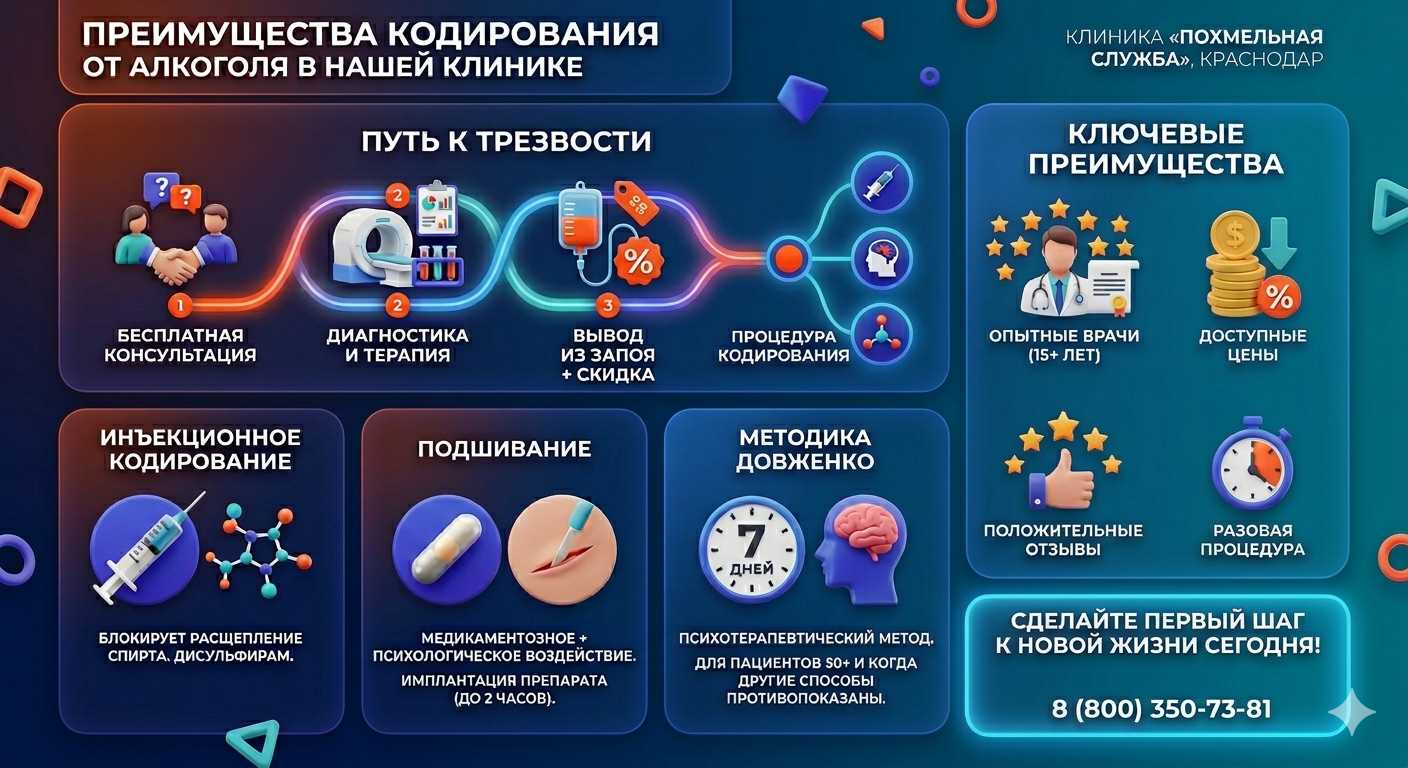 Инфографика о методах кодирования от алкоголя в Шира: инъекции, подшивание, метод Довженко. Преимущества клиники и этапы лечения.
